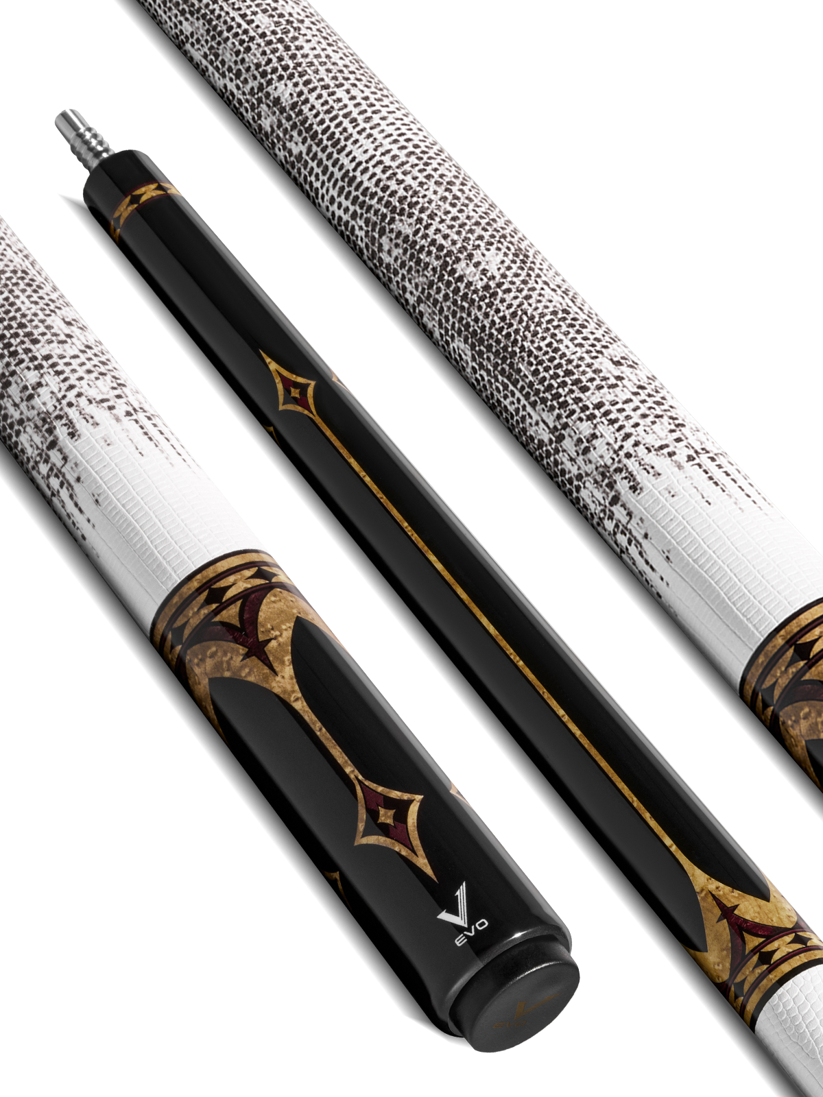 EVO CROWN POOL CUE - ROYAL BLACK - WHITE LEATHER WRAP