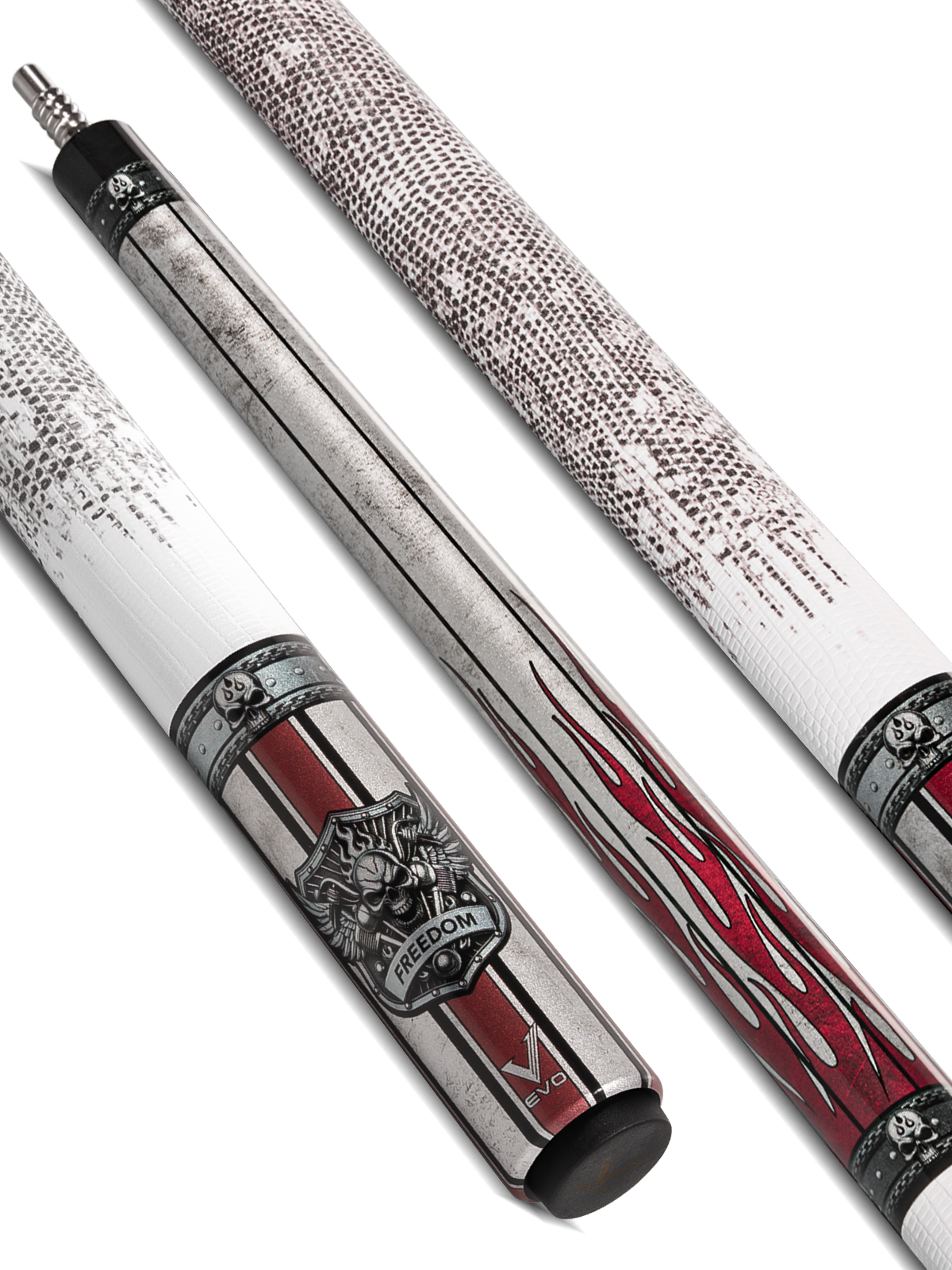 EVO FREEDOM POOL CUE - CRIMSON FLAME - WHITE LEATHER WRAP