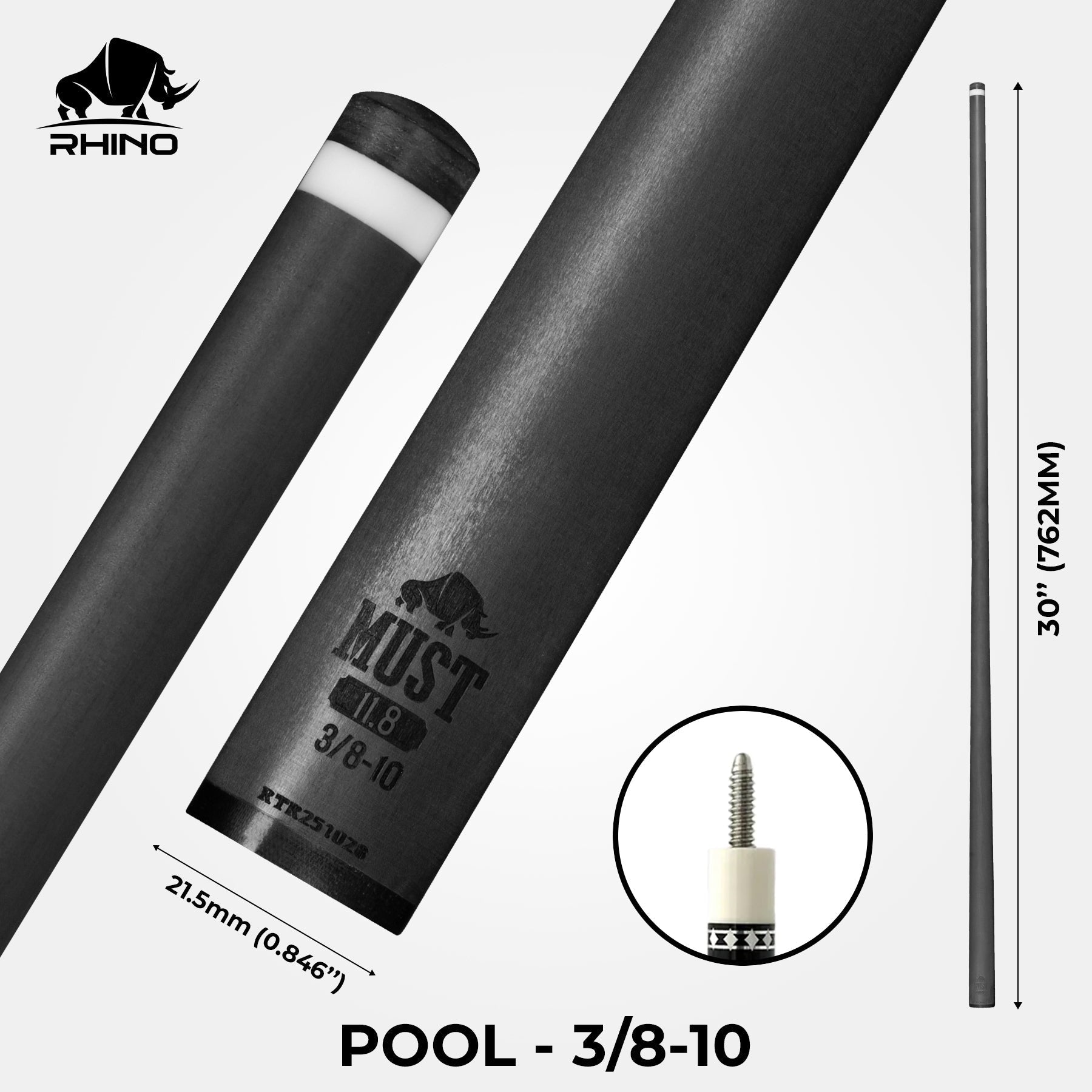 RHINO MUST 30" / 3/8-10 Pro Carbon Pool Cue Single Shaft