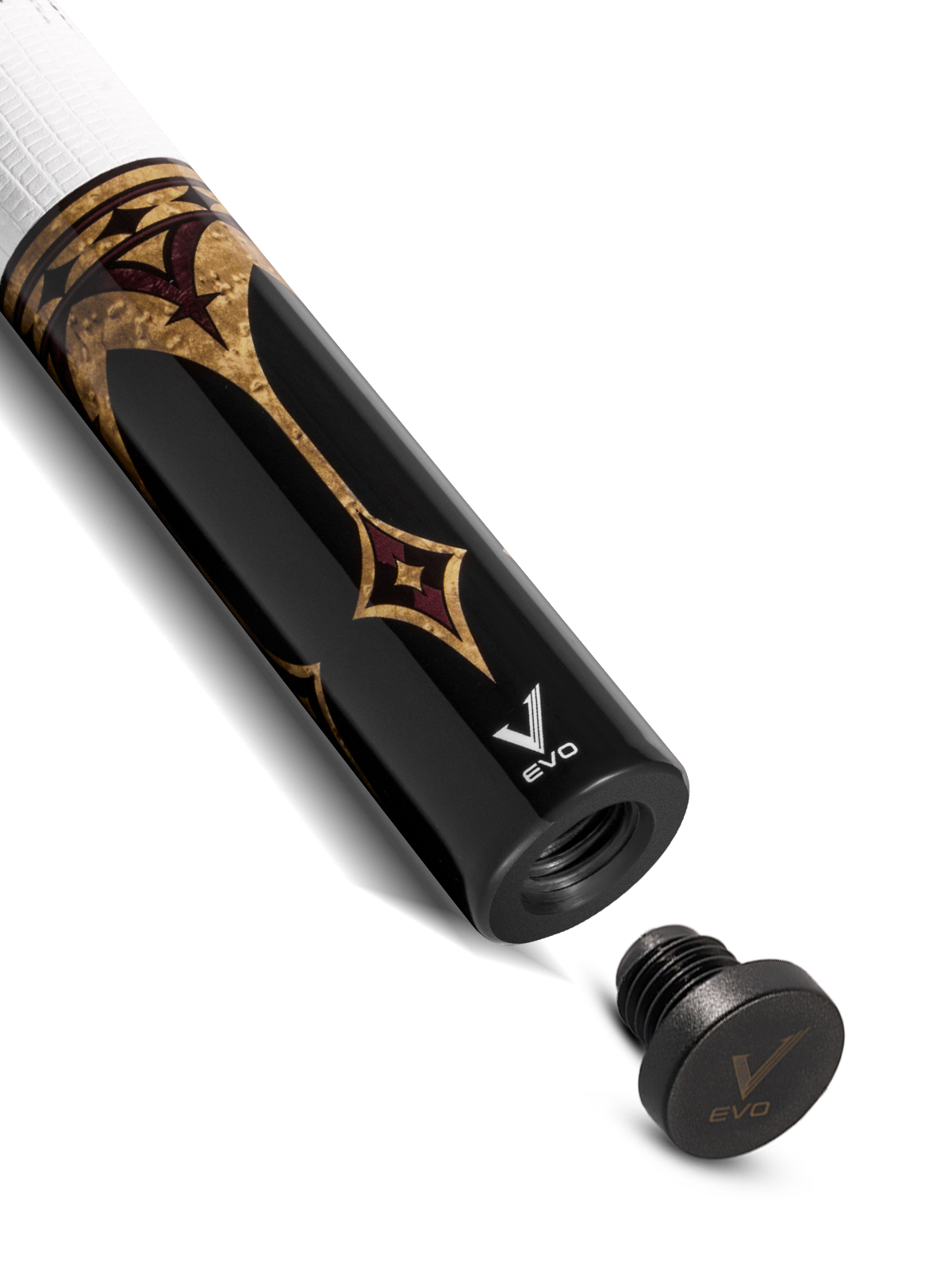 EVO CROWN POOL CUE - ROYAL BLACK - WHITE LEATHER WRAP