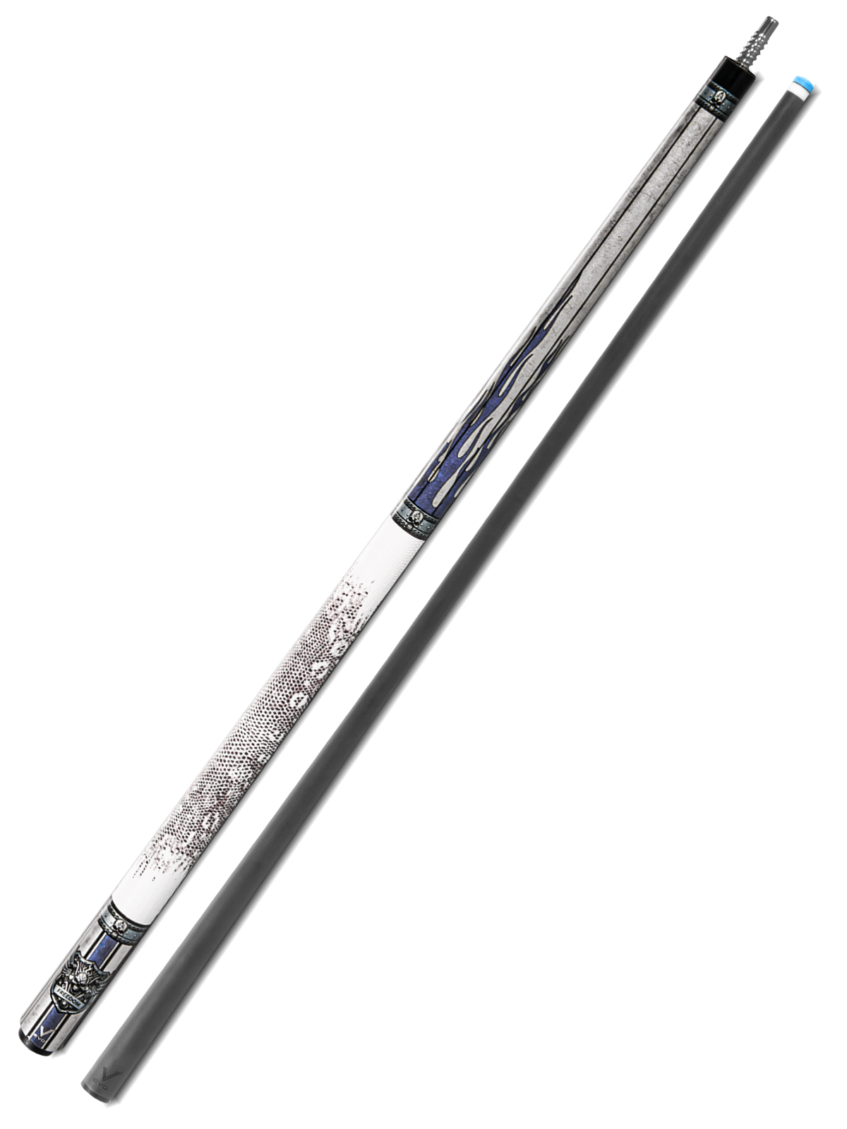EVO FREEDOM POOL CUE - AZURE FLAME - WHITE LEATHER WRAP